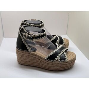 Vince Camuto Black Leather Embroidered Espadrille Wedge Platform Sandals 8.5
